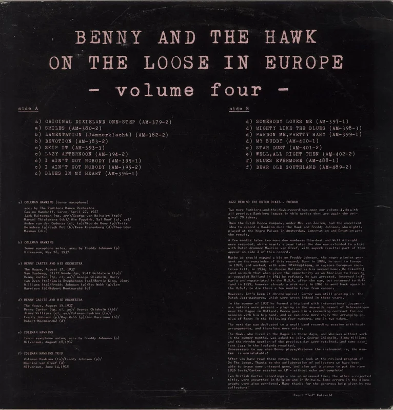 Benny Carter Benny And The Hawk On The Loose In Europe Vol. 4 Italian Vinyl LP