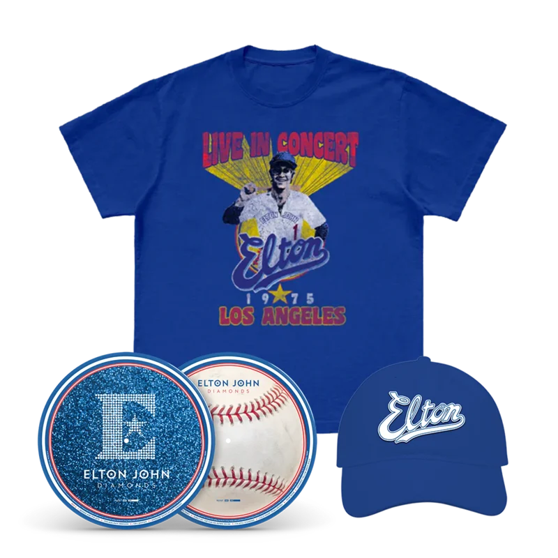 Diamonds Baseball Picture Disc +Live in LA Blue T-Shirt + Elton Script Cap