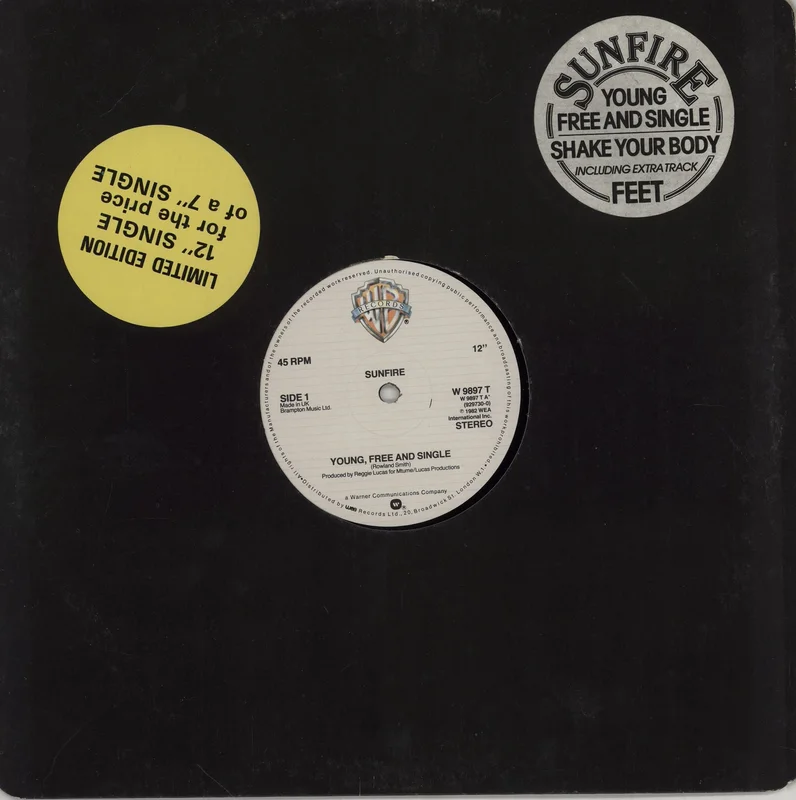 Sunfire Young, Free And Single - Stickered sleeve UK 12" vinyl
