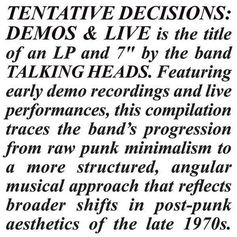 Talking Heads - Tentative Decisions: Demos & Live (LP+7")