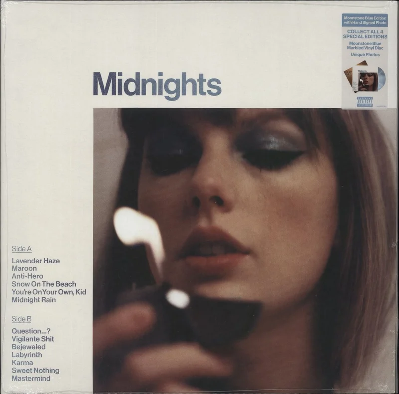 Taylor Swift Midnights - Moonstone Blue Marbled Vinyl + Autographed Print - Sealed UK Vinyl LP
