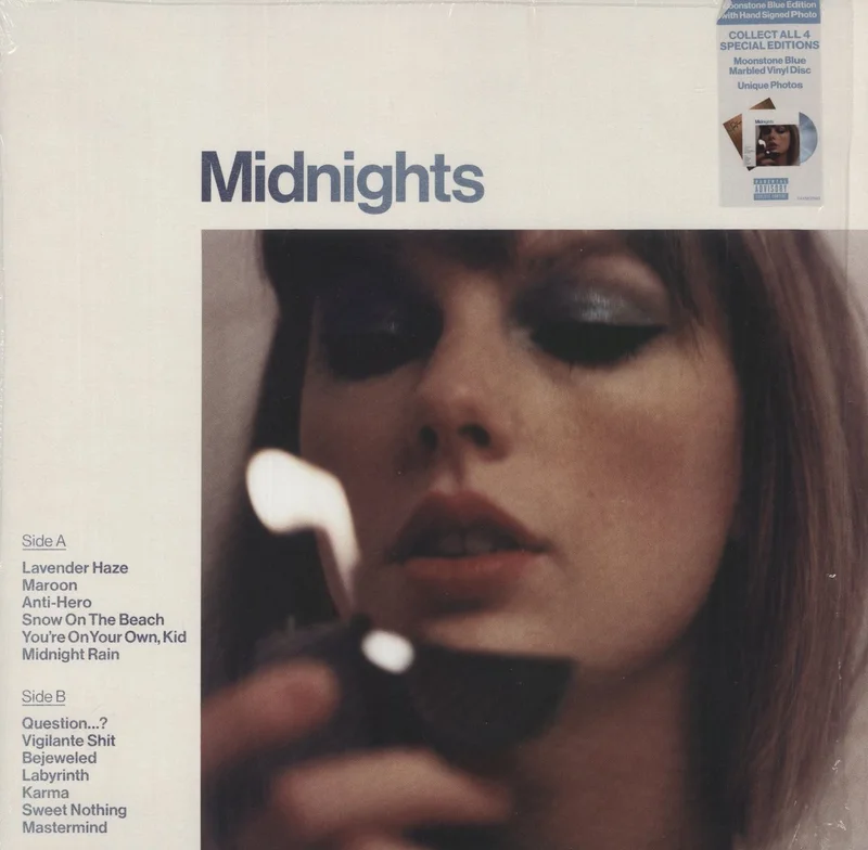 Taylor Swift Midnights - Moonstone Blue Marbled Vinyl - Autographed Print UK Vinyl LP
