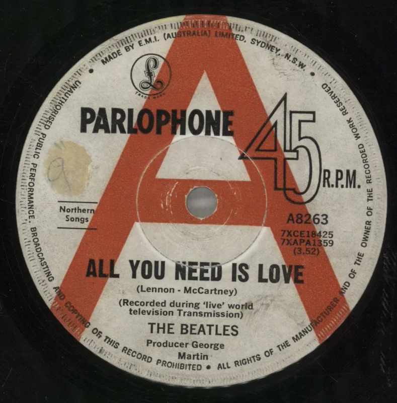 The Beatles All You Need Is Love - A Label Demo Australian 7" vinyl
